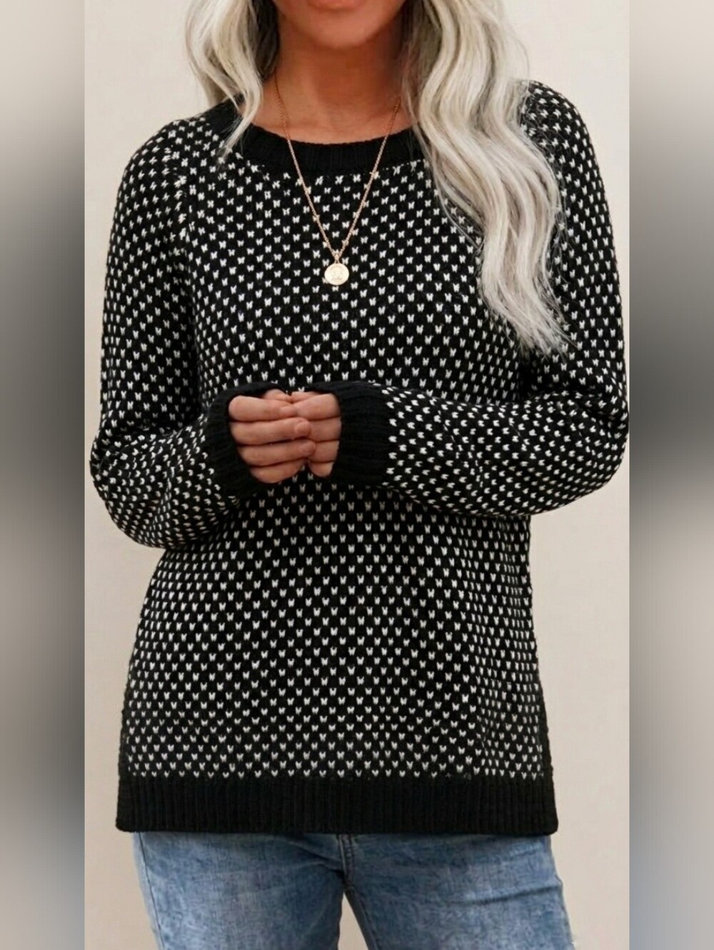 Maison Jules Black & White Heart-Patterned Knit Sweater